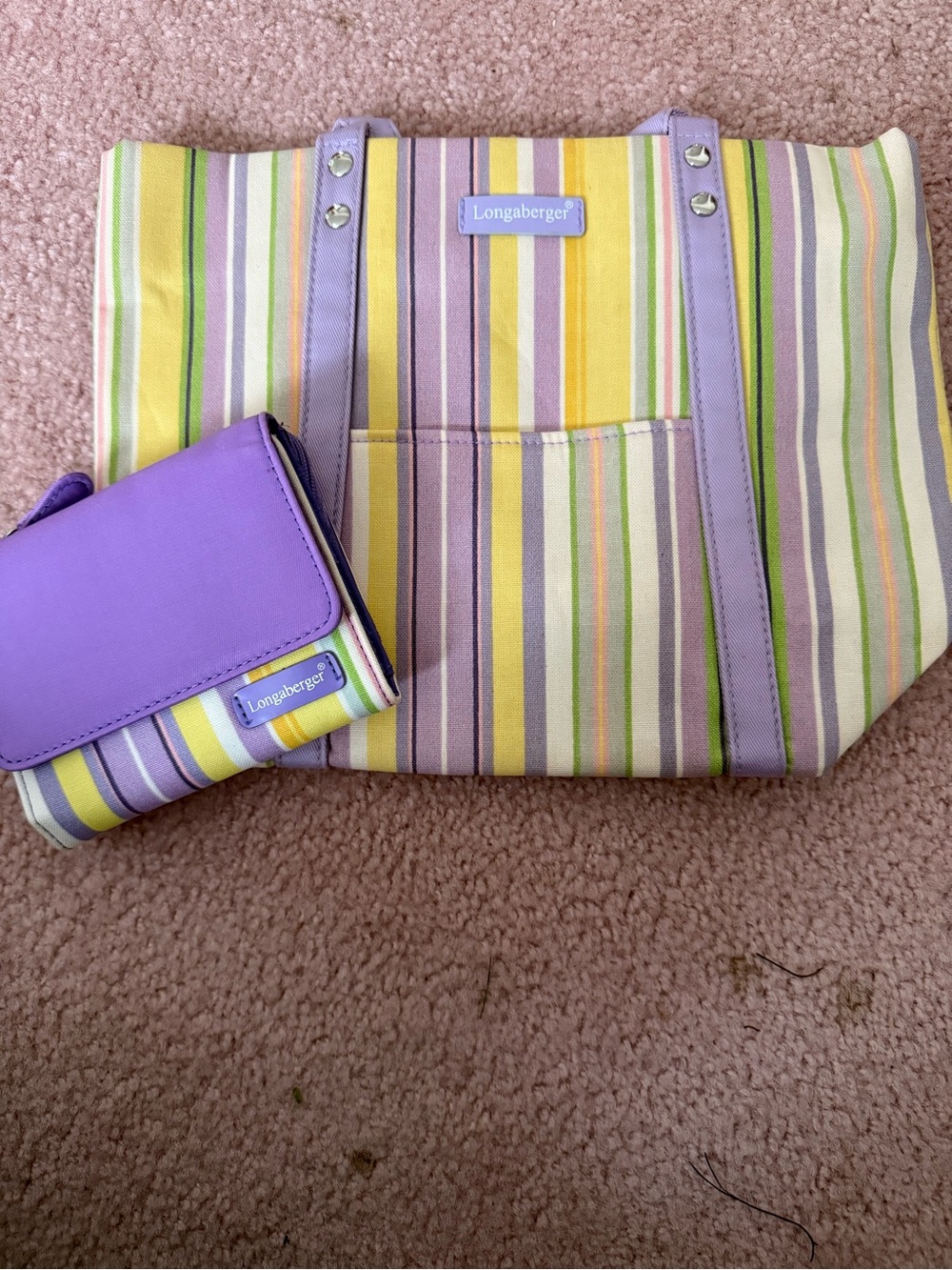 Longaberger Lavender, Yellow & Green Striped Tote with Matching Wallet